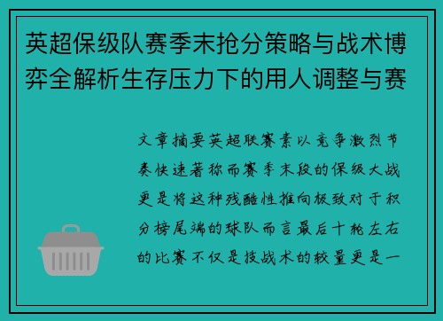 英超保级队赛季末抢分策略与战术博弈全解析生存压力下的用人调整与赛程应对